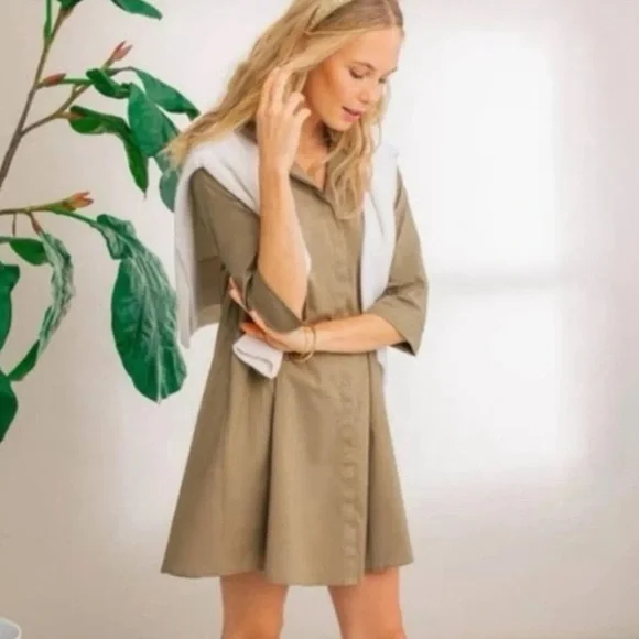 TUCKERNUCK ✨ Khaki Brown/Olive Charlie Shirt Dress ✨ 3/4 Sleeves ✨ Size M - Picture 9 of 14